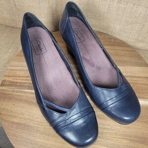 Clarks Everyday Leather Pumps Navy Comfort Career Heels Women's 10W Shoes
